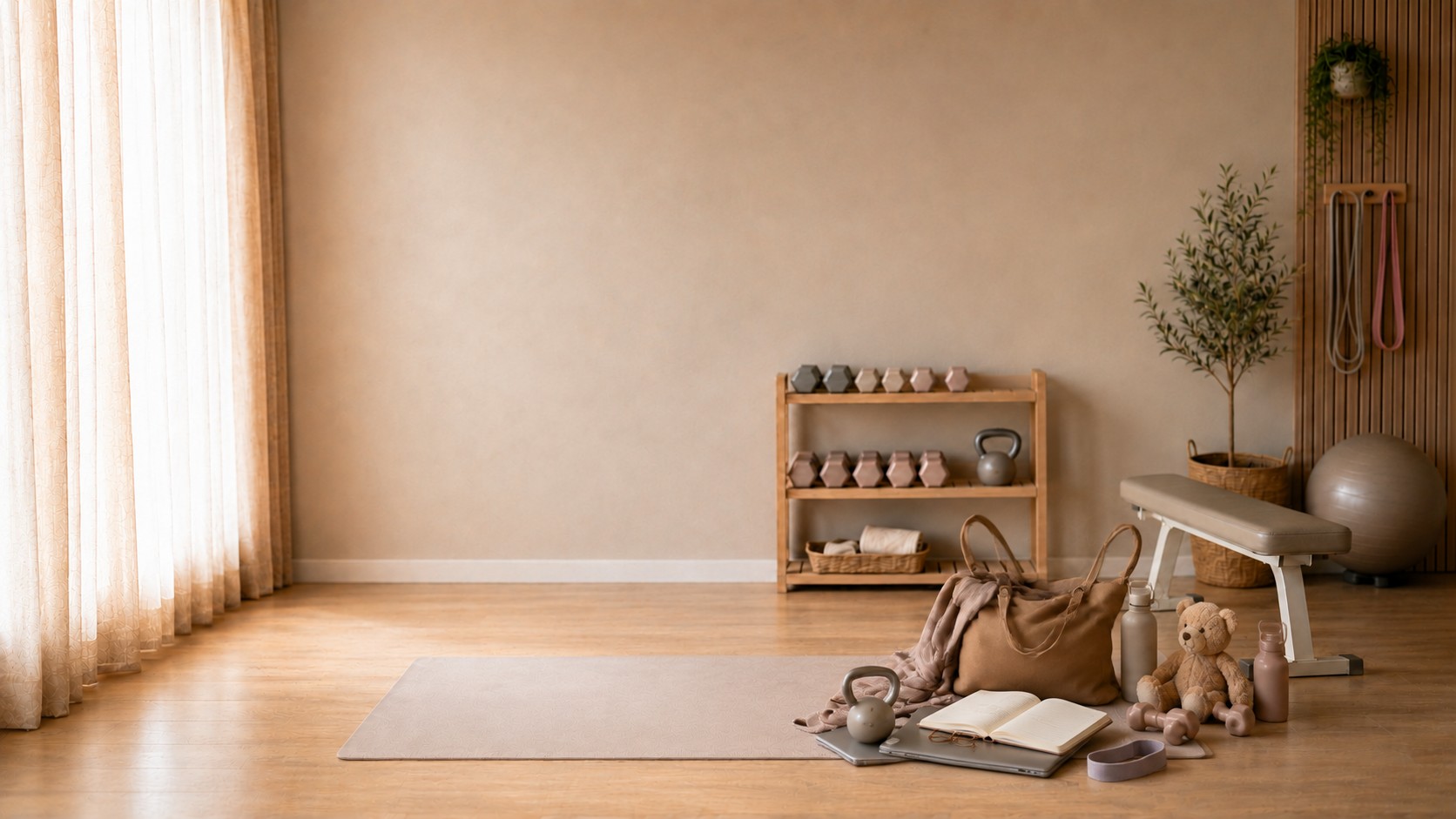 Warm, calm women-only home studio in Dubai with dumbbells, mat and natural light